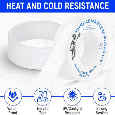 High Density PTFE Plumbers Tape with heat and cold resistance features and icons showing water-proof, easy to tear, UV resistant properties