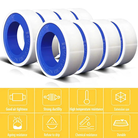 Eight Rolls Half Inch Wide PTFE Plumbing Tape 520 Inches Long Each; white tape for plumbing projects, sealant with blue cores.