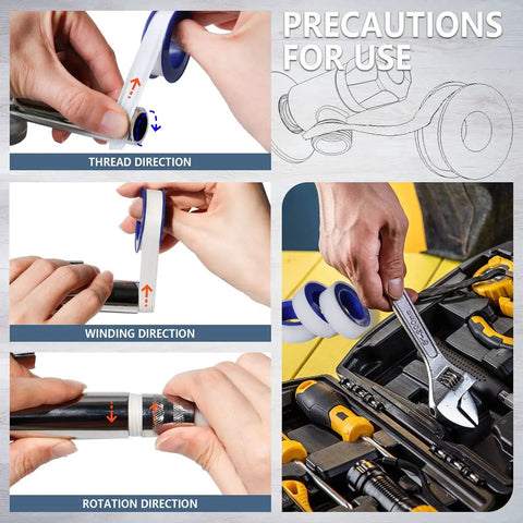 Instructional guide for Thicker PTFE Teflon Plumbers Tape Half Inch By 520 Inches Pack Of 8, showing application on pipes with tools.