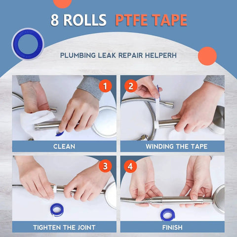Guide showing steps to use Thicker PTFE Teflon Plumbers Tape Half Inch By 520 Inches Pack Of 8 for leak proof water pipe sealing MEBMIK