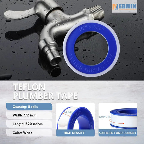 Thicker PTFE Teflon Plumbers Tape Half Inch By 520 Inches Pack Of 8 For Leak Proof Water Pipe Sealing, MEBMIK.