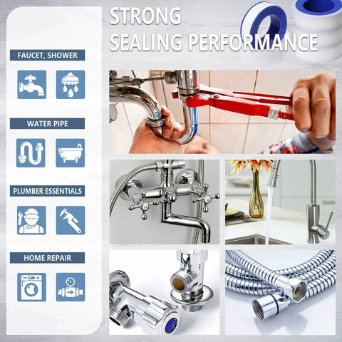 Collage showcasing Thicker PTFE Teflon Plumbers Tape Half Inch By 520 Inches Pack Of 8 for leak-proof water pipe sealing.