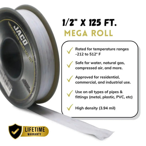 ThreadPro High Density PTFE Thread Seal Tape 1/2 Inch By 125 Feet Mega Roll 3 Pack Pro Grade Leak Proof Pipe Sealant