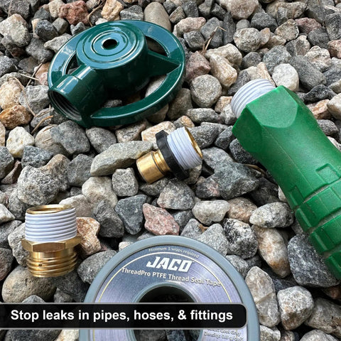 High Density PTFE Thread Seal Tape Mega Roll Half Inch By 125 Feet Two Pack with brass fittings and a green hose on rocks