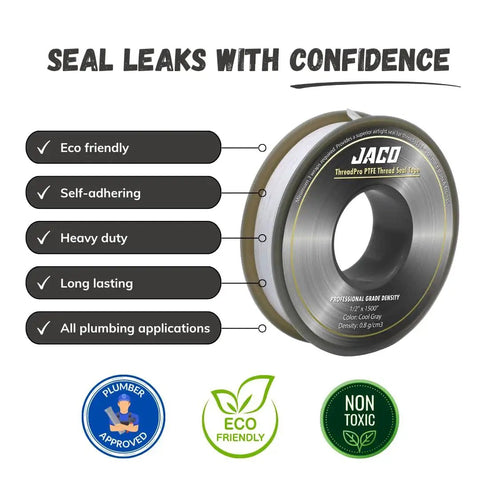 High Density PTFE Thread Seal Tape Mega Roll Half Inch By 125 Feet Two Pack No Hassle For Leakproof Seals with features listed