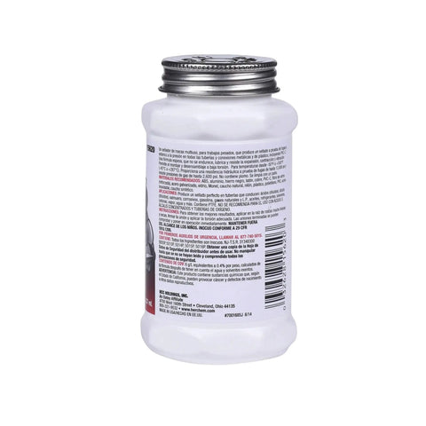 Back view of Real-Tuff Heavy Duty PTFE Pipe Thread Sealant in white, showing label details for air, water, and gas lines, 8 oz.