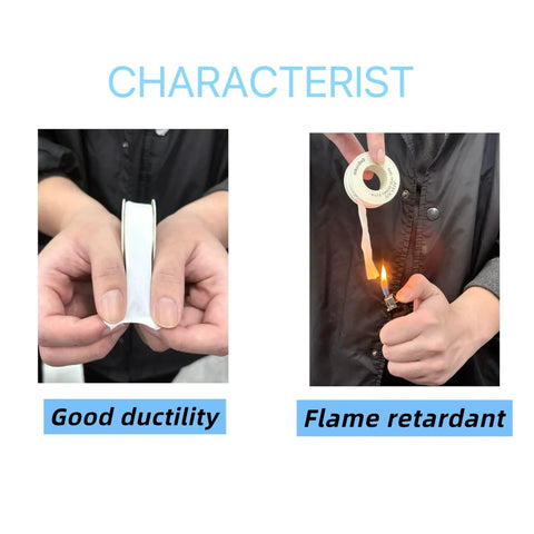 Hands holding Three Quarter Inch PTFE Thread Tape for Plumbers White Teflon Tape 520 Inches Long demonstrating ductility and flame retardancy