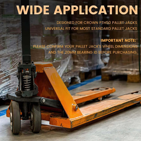PTH50 Pallet Jack Wheel Replacement Kit Set complete for Crown PTH50 & most standard pallet jacks, shown in industrial setting.