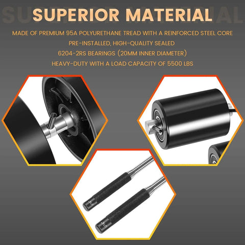 PTH50 Pallet Jack Wheel Replacement Kit Set close-up with polyurethane wheels, bearings, and tools, 5500 lb capacity, steel core