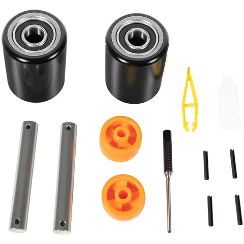 Front Load Wheel Replacement Kit For Crown PTH50 Pallet Jack With Axles Bearings And Hardware Includes 2 Black 2.75 X 3.75 Inch Front Load Rollers Entry And Exit Rollers Polyurethane Tread 95A Black 20mm