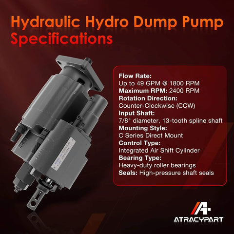 PTO Dump Pump Hydraulic Hydro Cylinder C102 Direct Mount with Air Shift, 7/8" 13-Tooth Spline Shaft, 49 GPM specifications