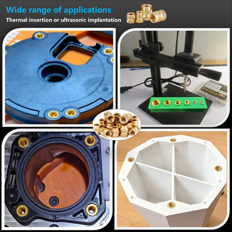 600+7Pcs M2 M2.5 M3 M4 M5 M6 Premium Brass Threaded Inserts in plastic and 3D printing components with heat set tool shown in use