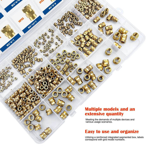 400Pcs Threaded Inserts, M2 M2.5 M3 M4 M5 M6 Female Thread Metric Knurled Nuts Assortment Kit display in plastic organizer