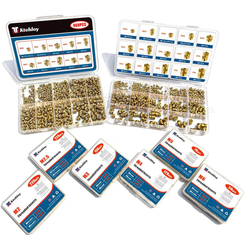 400Pcs Threaded Inserts, M2 M2.5 M3 M4 M5 M6 Female Thread Metric Knurled Nuts Assortment Kit, displayed in cases