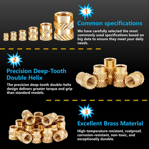 600+7Pcs M2 M2.5 M3 M4 M5 M6 Premium Brass Threaded Inserts, precision deep-tooth design, commonly used specifications, display of the nuts