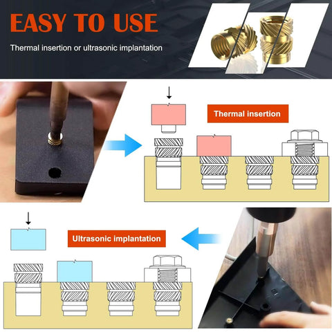 Diagram and demonstration of 400Pcs Threaded Inserts, M2 M2.5 M3 M4 M5 M6 Female Thread Metric Knurled Nuts for thermal or ultrasonic insertion