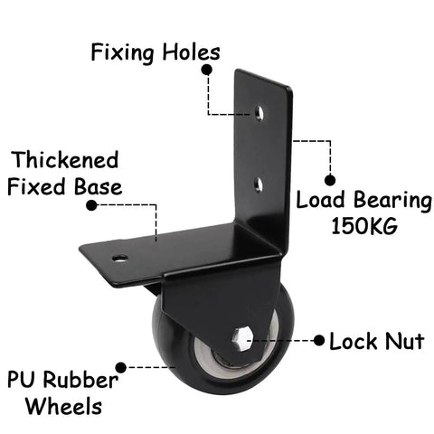Four Pack Side Mount Caster Wheels With L Shaped Brackets 40mm Diameter PU Rubber Silent Castors Heavy Duty Furniture Movers Load Bearing 120kg