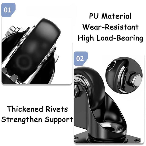 Close-up of Four Pack Side Mount Caster Wheels With L Shaped Brackets 40mm Diameter PU Rubber Silent Castors, focus on wear-resistant material.