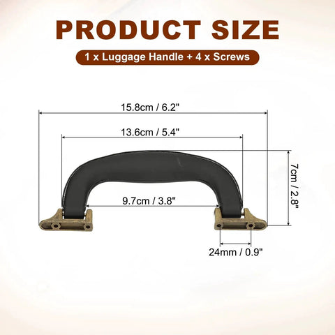 Product size chart for PU Leather Luggage Handle Replacement Strap For Travel Bags Guitar And Musical Boxes Gift Boxes Vintage U Shape With 0.9 Inch Hole Spacing 6.2 By 2.8 Inch Overall Size Inner 3.8 Inch Outer 5.4 Inch Available In Black Or Bronze showing dimensions.