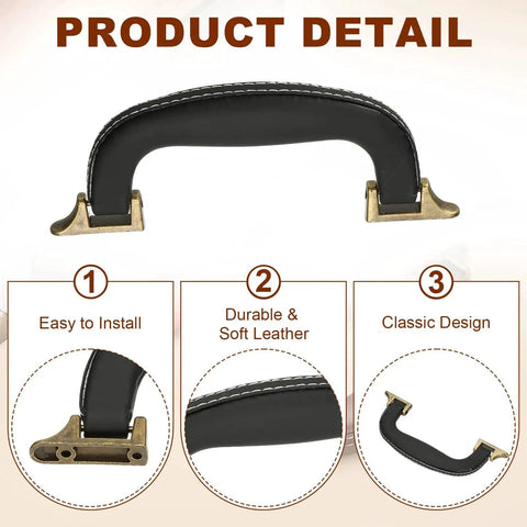 PU Leather Luggage Handle Replacement Strap For Travel Bags Guitar And Musical Boxes Gift Boxes Vintage U Shape With 0.9 Inch Hole Spacing 6.2 By 2.8 Inch Overall Size Inner 3.8 Inch Outer 5.4 Inch Available In Black Or Bronze shown in detail with classic design, durable leather, and easy installation.