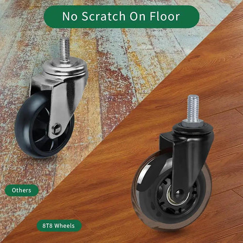 Comparison of two 3-inch caster wheels on different floors. Right wheel features Three Inch Thread Screw In Office Chair Caster Wheels Not Metric M10 Three Eighths Inch Thread With Sixteen Threads Per Inch PU Rubber Scratch Resistant Safe For All Floors Stem Caster Wheels 650 Pound Weight Capacity For Carts And Furniture.