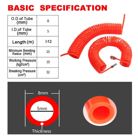 Flexible 6M PU Spring Tube Air Hose For Compressors With 5mm Inner Diameter And 8mm Outer Diameter Recoil Spiral Design