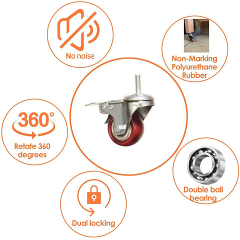 Heavy Duty Stem Caster Wheels With PU Castors For Quiet Smooth Operation No Noise 360 Degree Swivel Dual Locking Brakes M8-1.25x25mm Stem
