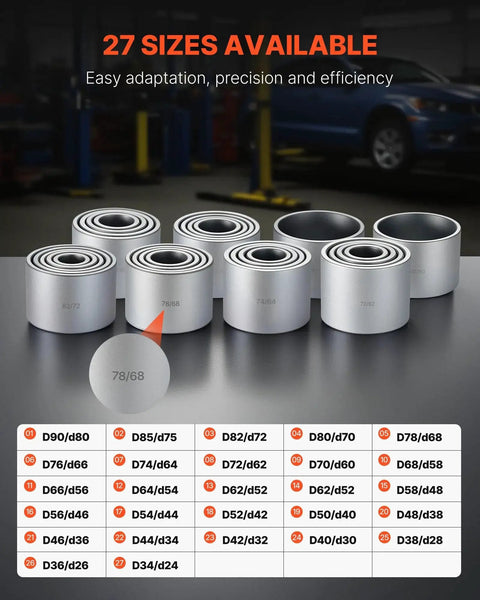 36 Piece Pull And Press Sleeve Kit With Carrying Case For Removing And Installing Bushings Bearings And Seals, 27 sizes available.