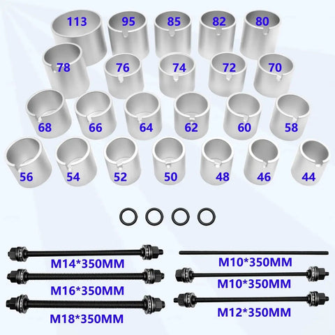 Universal 30 Piece Pull And Press Sleeve Bushing Kit For Auto Maintenance Removal And Installation Of Bearings Bushings And Seals Includes 6 Pulling Spindles With Nuts And Case For Most Cars Light Commercial Vehicles And Light Duty Trucks, showing 23 sleeve sizes and 6 pulling spindles.