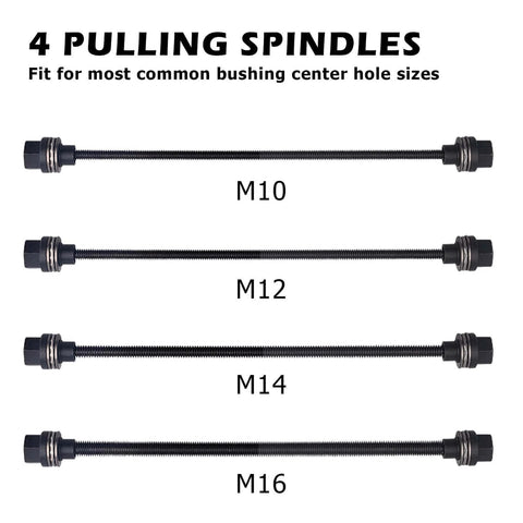 Four pulling spindles for Pull and Press Sleeve Kit with 28 Pcs Universal Remove Bushes Bushing Bearings Seals, showing M10 to M16 sizes.