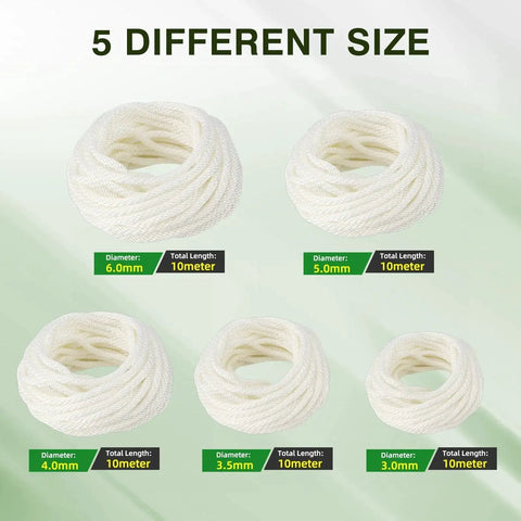 Five rolls of pull start cords in different sizes, featuring the Replacement 4.0mm Pull Start Cord, 10 Meters Long, Recoil Starter Rope.