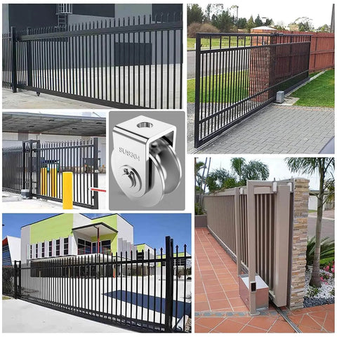 Collage showing 2 Pack 2 Inch Pulley Block U Grooved Wheel Pulley, 304 Stainless Steel Pulley Roller in various gate installations.