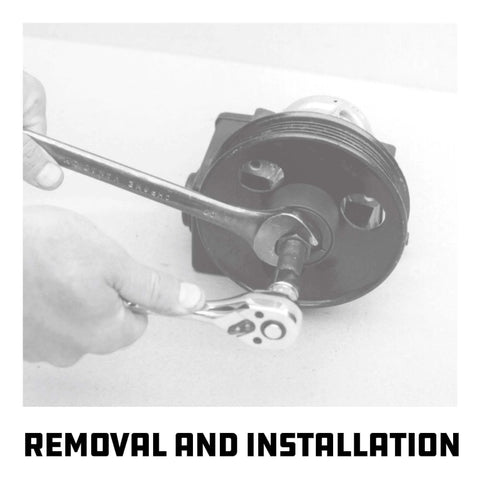 Power Steering and Alternator Pulley Remove and Install Tool Set in use on vehicle part, close-up of hand using tool