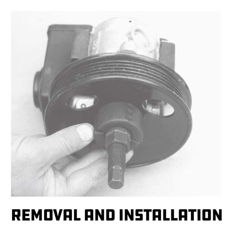 Hand using Power Steering and Alternator Pulley Remove and Install Tool Set on vehicle steering pump for car repair