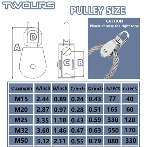 Twours Pulley 304 Stainless Steel Single Pulley Block M25 size chart with dimensions and weight capacities.