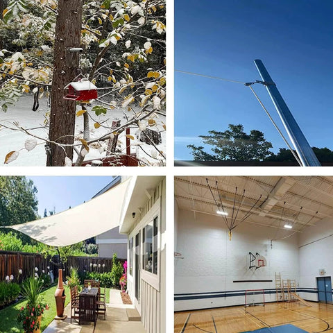 Collage of outdoor settings: snowy garden with birdhouse, pole with wire against blue sky, backyard with sunshade, indoor gym ceiling.
