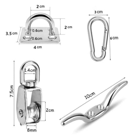 Dimensions of components in Pulley System Set, M20 Crane Pulleys for Lifting with Rope, 304 Stainless Steel Block and Tackle Pulley System