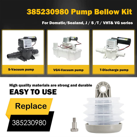385230980 pump bellows kit for Dometic/Sealand S, VG4 and T-discharge vacuum pumps, with bellows, bushing, and bolt.
