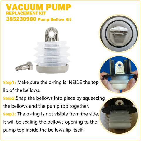 Vacuum pump bellows replacement kit with white accordion bellows and bolt for Dometic/Sealand J, S, T, VG, VHT series.