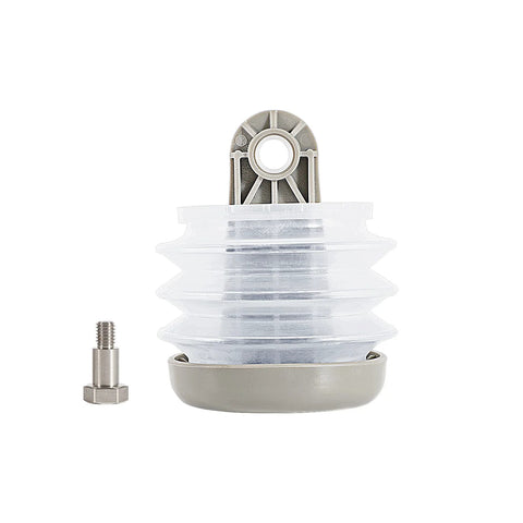 Two-piece Dometic 385230980 pump bellows kit: clear plastic accordion bellows with gray base and metal mounting post; includes bolt.