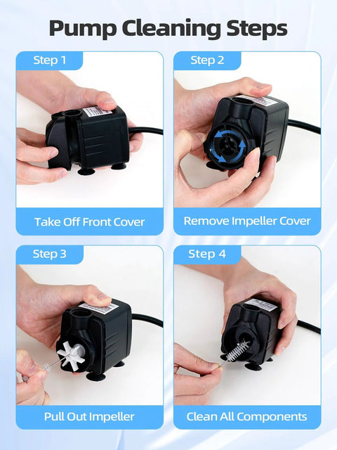 Black 400GPH submersible water pump with four-step cleaning guide for pond, fish tank or hydroponics