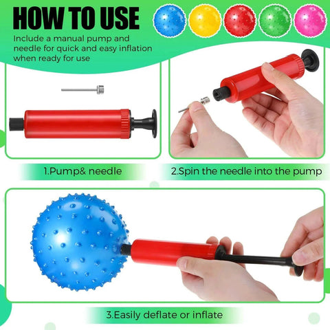 How to use guide for 64 Pieces 6.3 Inch Knobby Balls for Kids Sensory Balls with Air Pump Small Inflatable Bouncy Soft Spiky Toddler Bounce