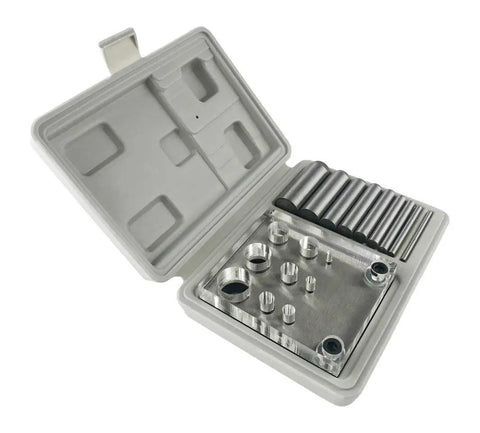 See Through 9 Piece Punch And Die Set With Clear Plate Guide For Precise Alignment Pro Grade Hardened Alloy Steel Handles Opened Case