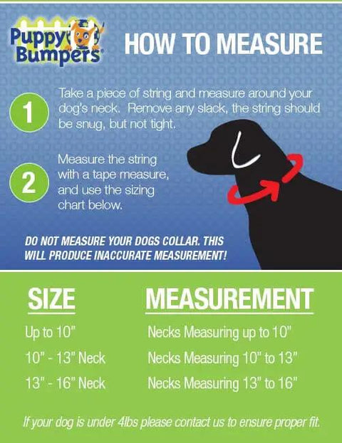 Guide on measuring dogs for Puppy Bumpers with neck size chart and illustration of string around dog's neck.