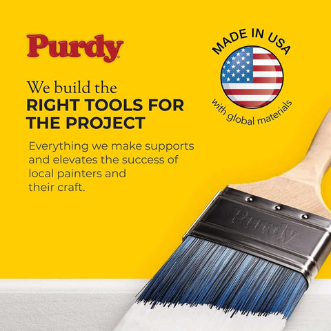 Purdy paintbrush with blue bristles, wooden handle, and 'Made in USA' text on a yellow background.