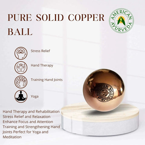 1.1 inches Copper Ball for Meditation and Therapy, pure copper sphere on display stand, promoting integrity and mental clarity