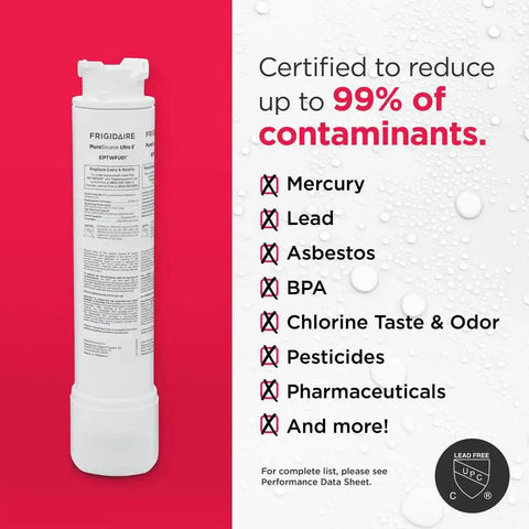 PureSource Ultra II Refrigerator Water Filter EPTWFU01 image with certification text for removing 99% of contaminants, including lead and chlorine.