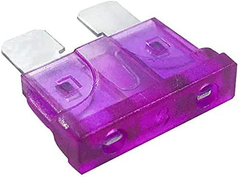 Close-up of a purple 3 Amp automotive blade fuse from a 50 Pack 3 Amp Blade Automotive Fuses for Cars and Trucks, Fast Acting 32V Standard Circuit Protection.