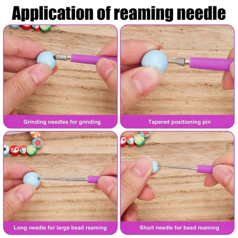 Purple Diamond Tipped Bead Reamer Set Of Four For Jewelry Making Hole Enlarger Tools With Durable Plastic Handles in use