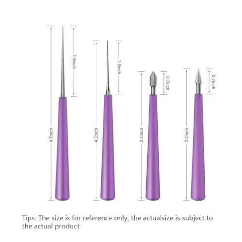 Four Piece Diamond Tipped Bead Reamer Set Hole Enlarger Tools For Glass Plastic Metal Wood Beads Jewelry Making Beading Hole Opener Kit Purple Color Pack shown with measurements